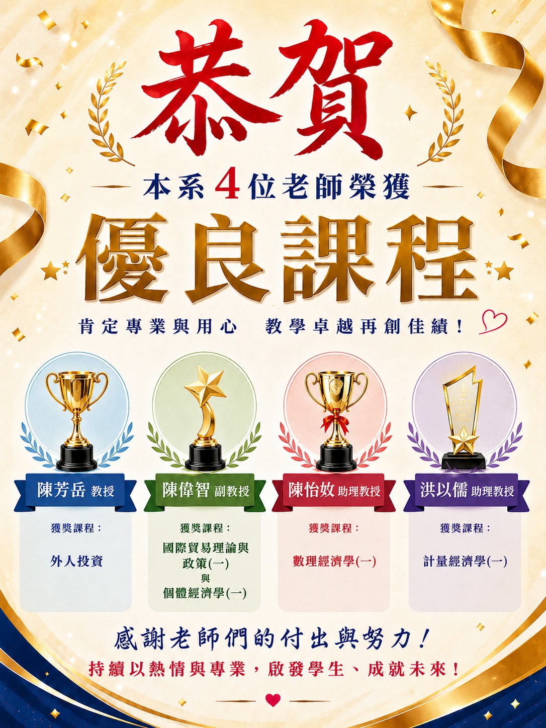 恭賀！本系4位老師榮獲114-1學期優良課程獎！